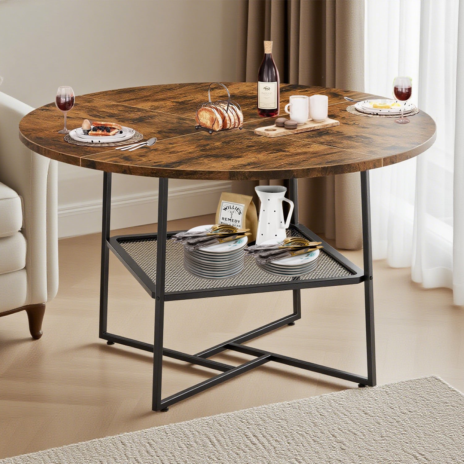 Round Dining Table for 4-6 with Metal Legs and Storage Shelf for living room.