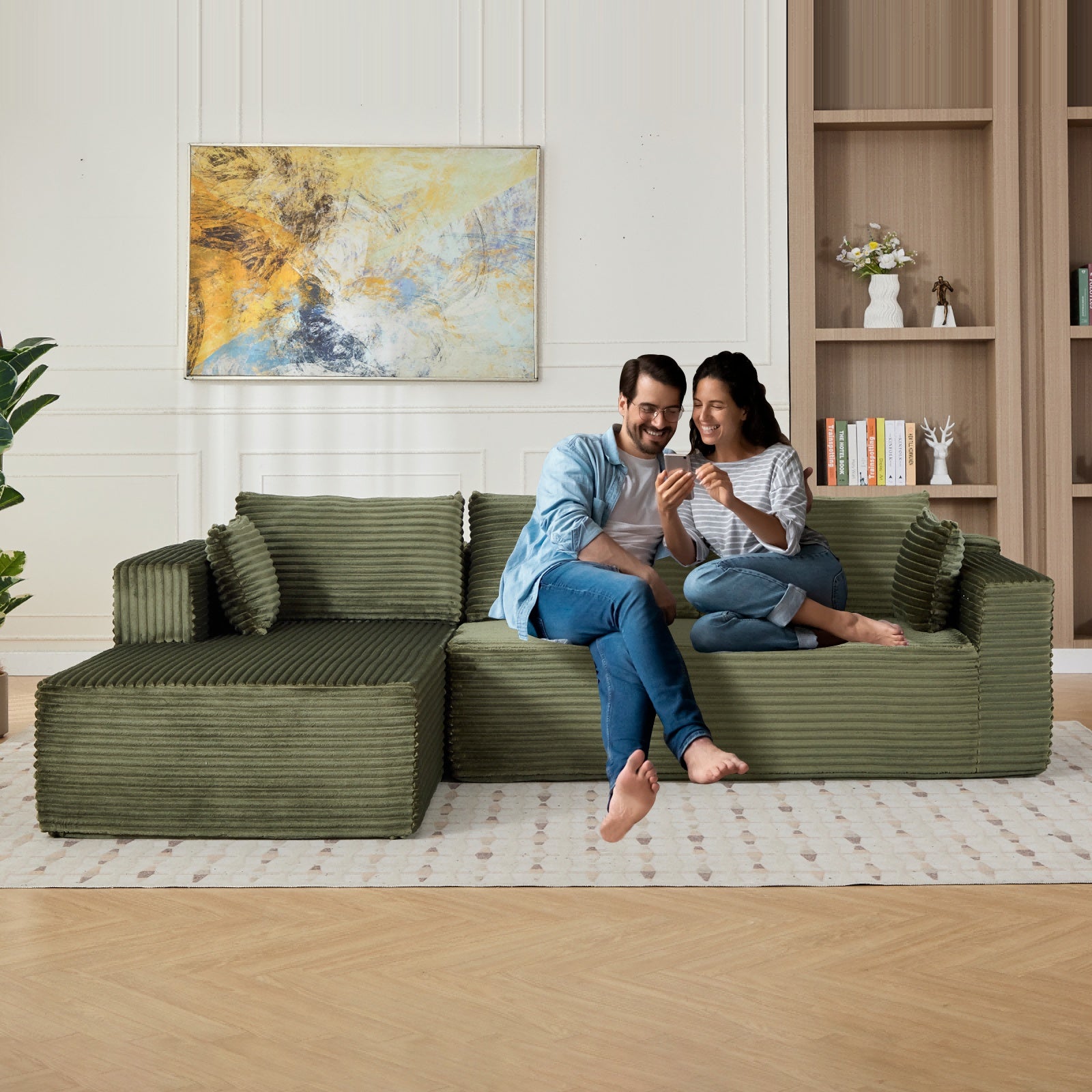 L-shaped compression sofa bed with corduroy fabric convertible sectional couch for small living room