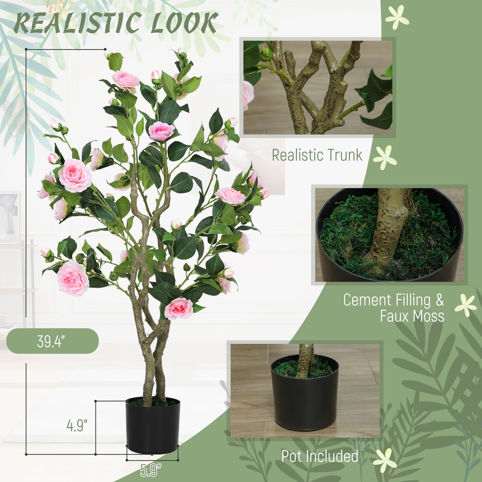 Artificial Camellia Flower Plants (Set of 2) – Indoor Faux Plants with Pot for Home Décor