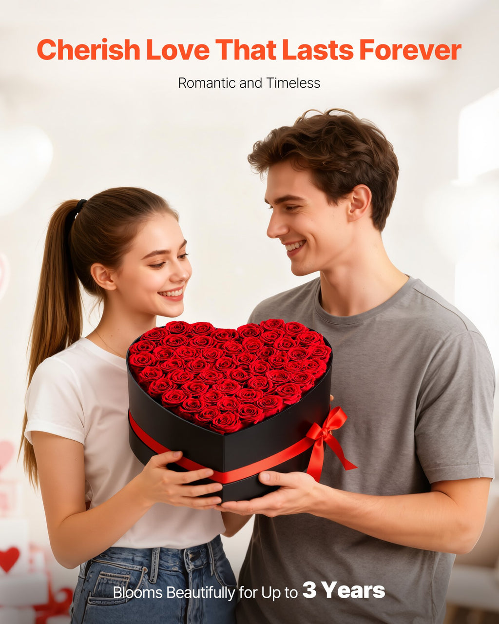 Forever Flowers – 50 Preserved Roses in Heart-Shaped Box (Red)
