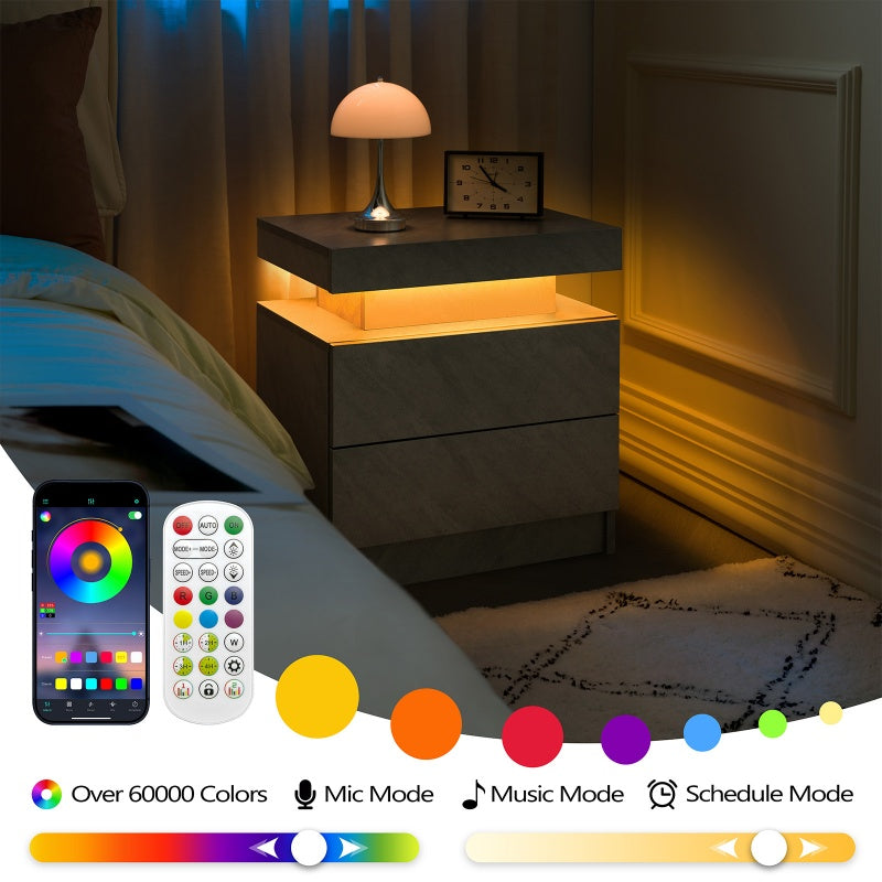 Modern LED Nightstand with 2 Drawers – Deep Gray Bedside Table with Adjustable Cabinet Lights