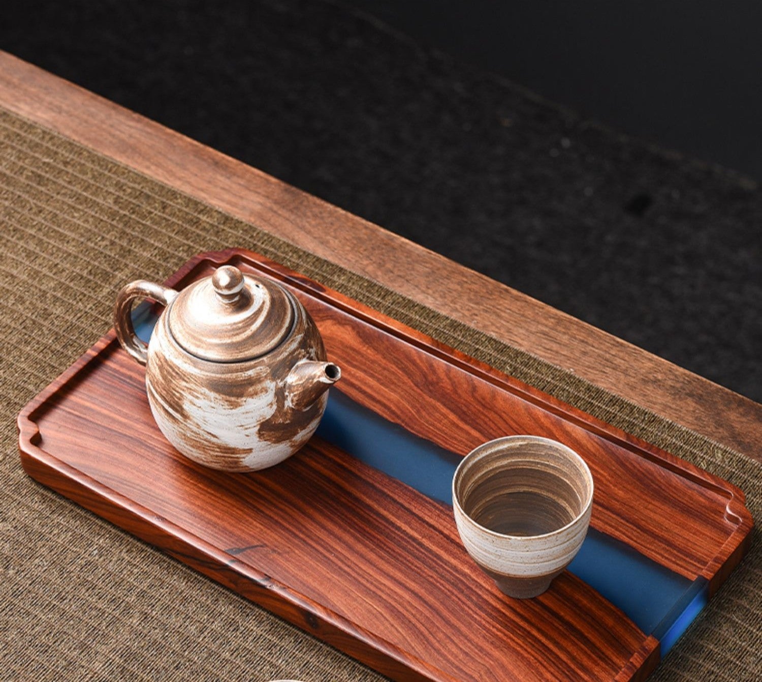 Small Leaf Red Sandalwood Tea Tray – Epoxy Resin Retro Chinese Style Table Tray