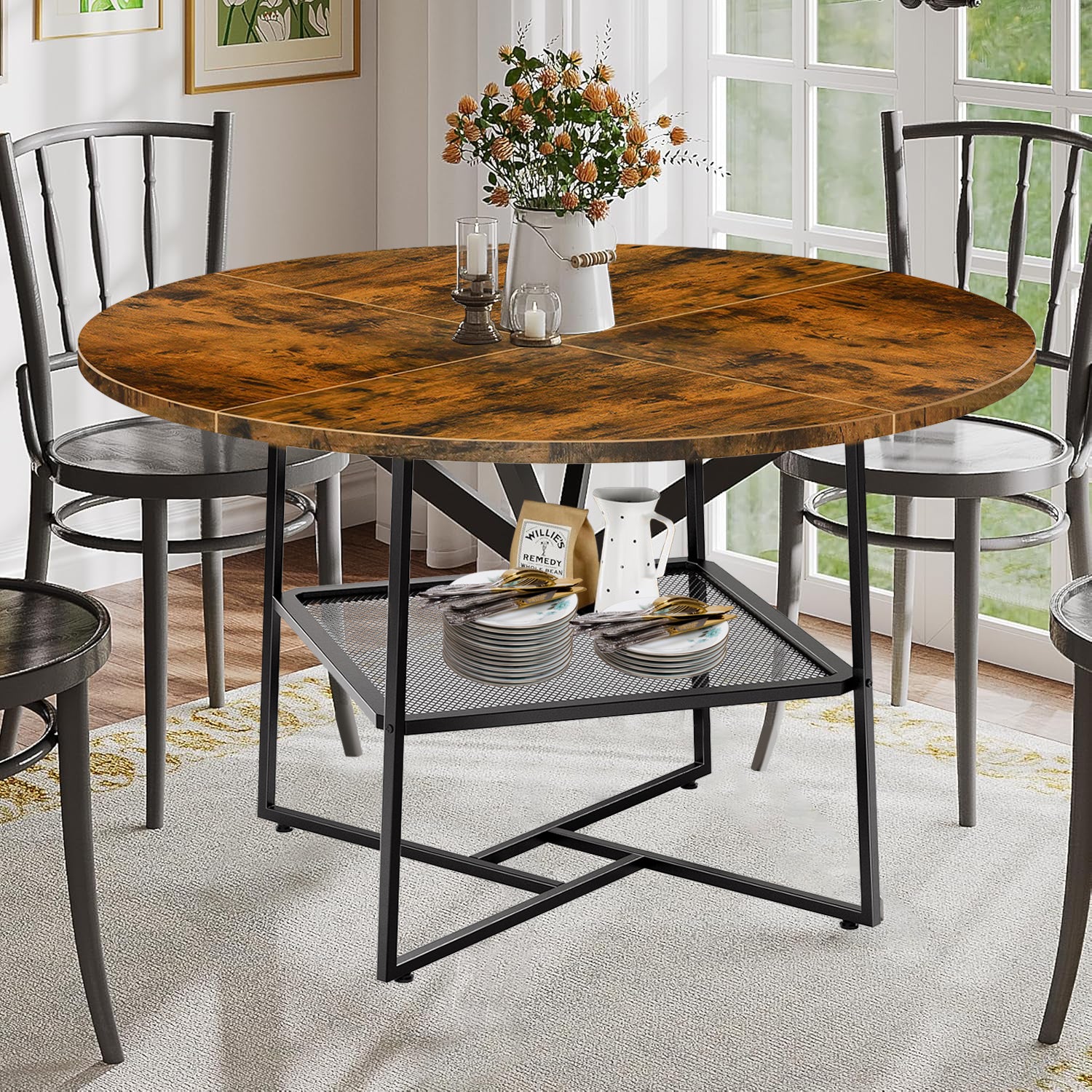 51-Inch Round Dining Table for 4-6 – Tiger Stripes Black Wooden Table with Metal Legs and Storage Shelf