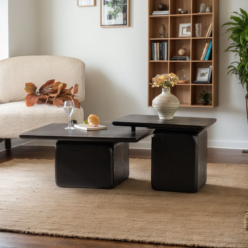 Vintage Square Coffee Table Set (Set of 2) – Black Wood Grain Finish
