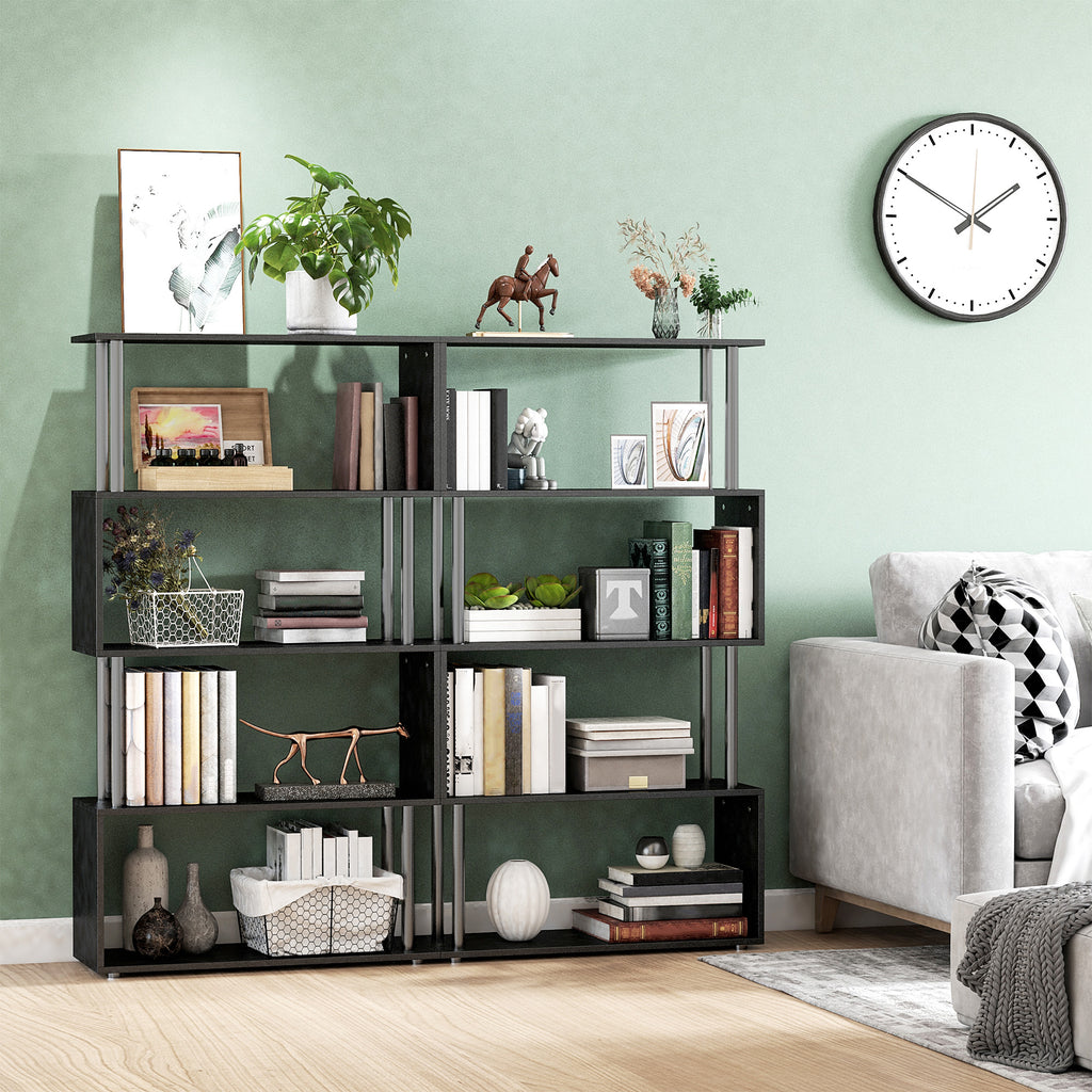 5-Tier S-Shaped Bookcase – Modern Wooden Storage Shelf for Home & Office (Black)