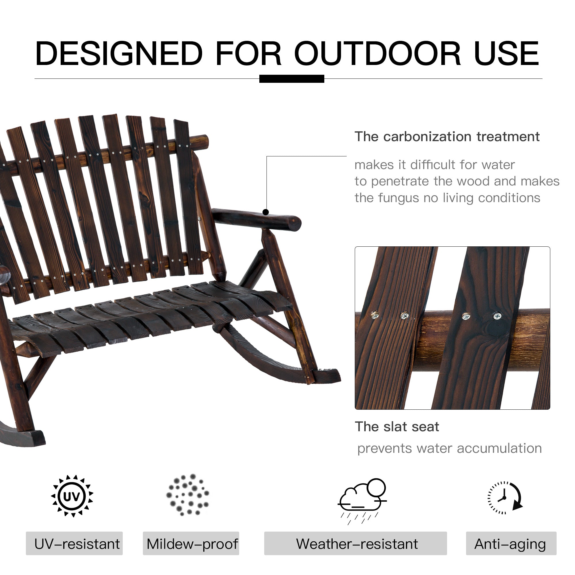 Classic Wooden High-Back Rocker – Carbonized Outdoor Rocking Chair for Garden Serenity