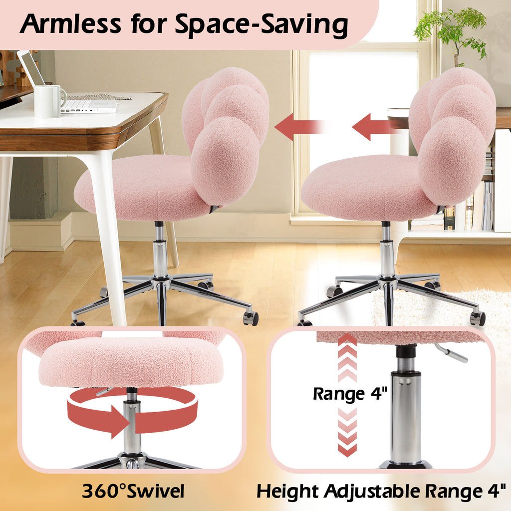 Armless Desk Chair Teddy Fabric Vanity Chair with Wheels – Cute & Comfortable Cat Paw Design