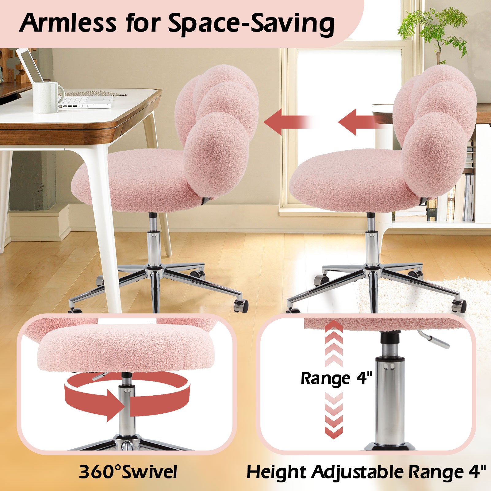 Armless Desk Chair Teddy Fabric Vanity Chair with Wheels – Cute & Comfortable Cat Paw Design