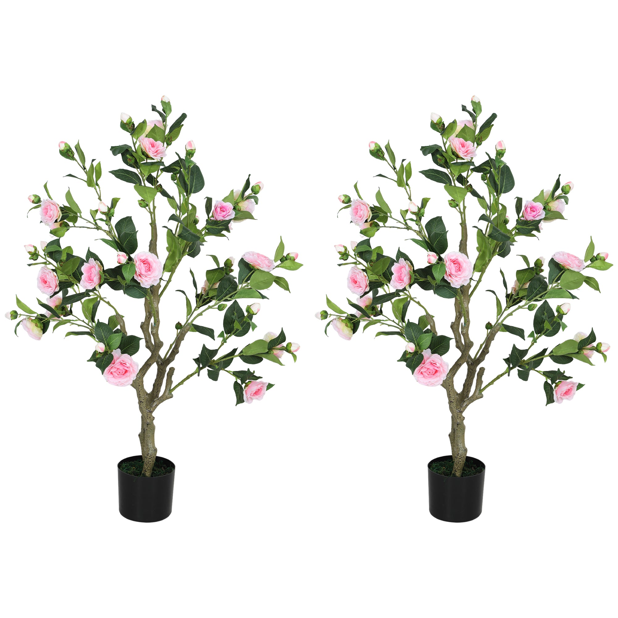 Artificial Camellia Flower Plants (Set of 2) – Indoor Faux Plants with Pot for Home Décor