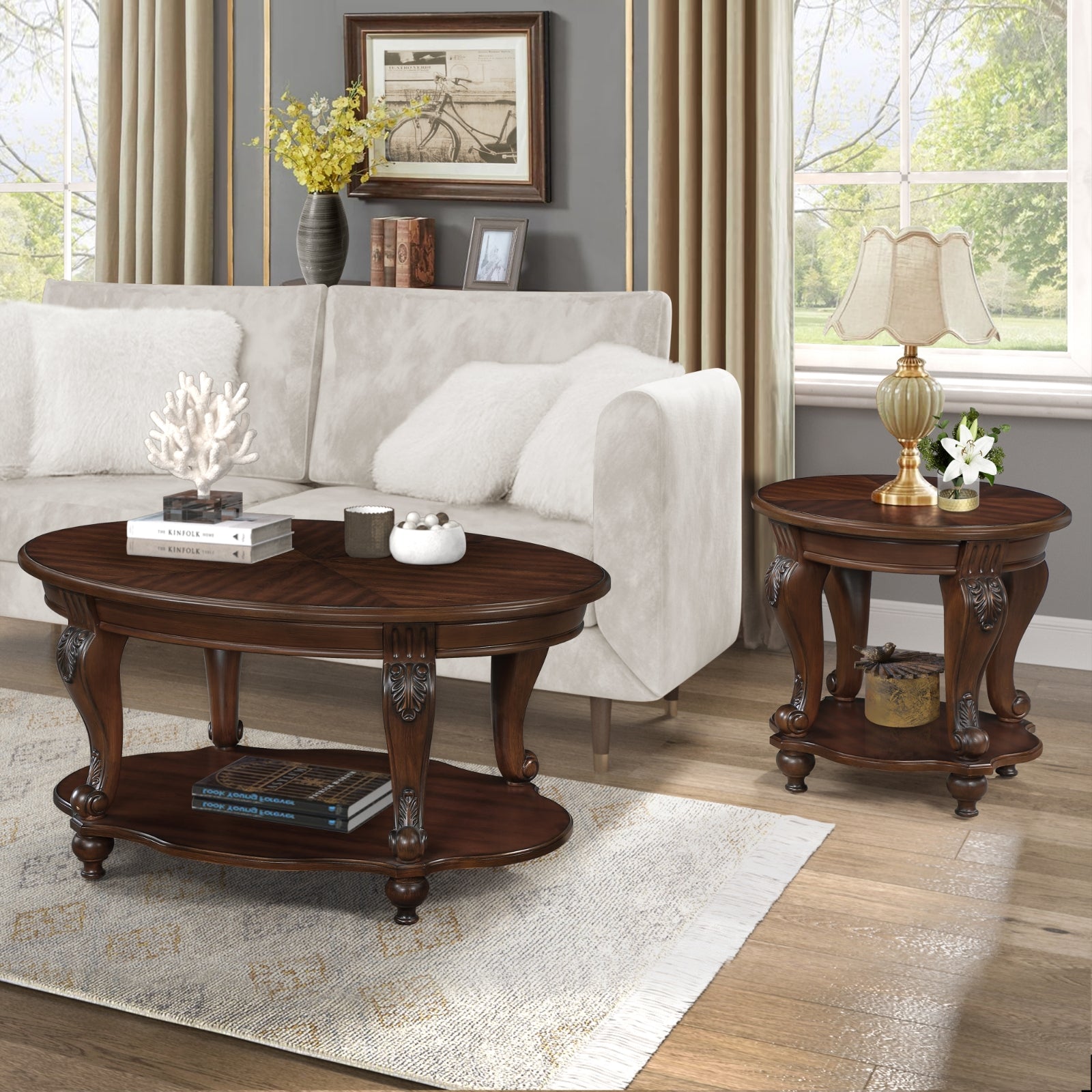 42” Oval Solid Wood Coffee Table with Storage Shelf – Classic American Living Room Table