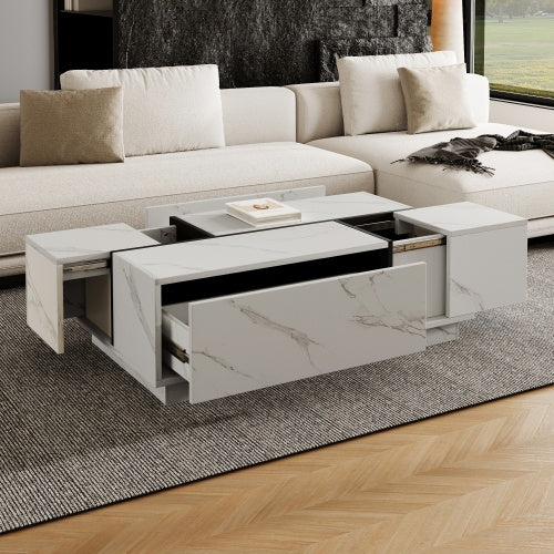 Rectangular Sliding Top Coffee Table with 2 Drawers & Hidden Storage – Modern White Living Room Table 47.2”