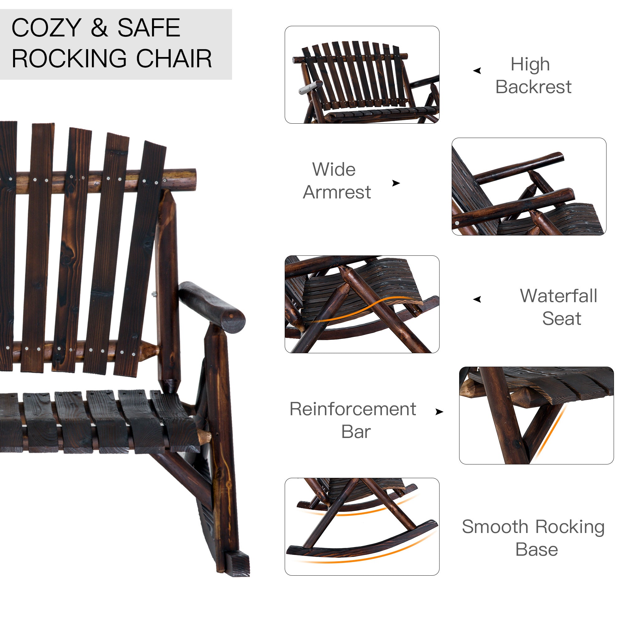 Classic Wooden High-Back Rocker – Carbonized Outdoor Rocking Chair for Garden Serenity