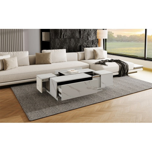 Rectangular Sliding Top Coffee Table with 2 Drawers & Hidden Storage – Modern White Living Room Table 47.2”