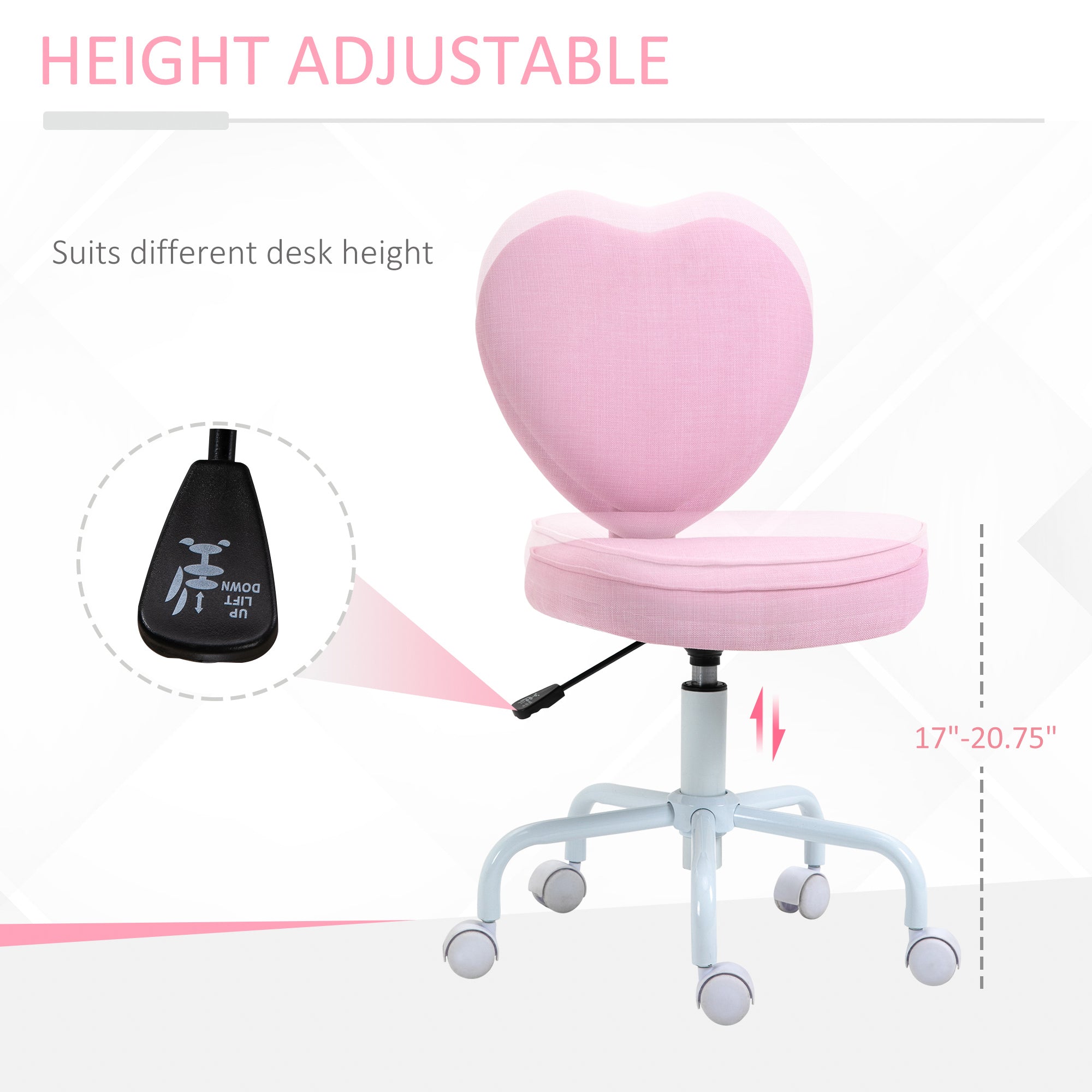 Pink Heart-Shaped Office Chair – Adjustable Height Cute Desk Chair with Wheels