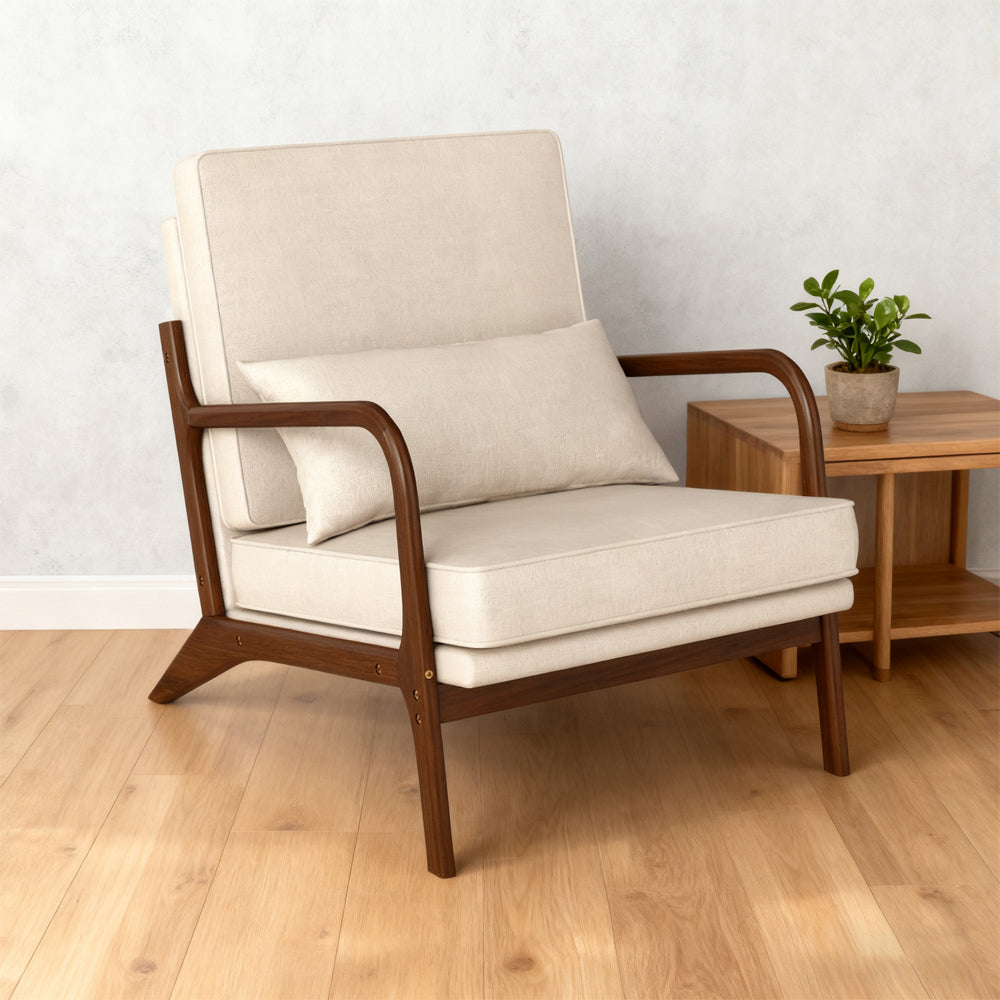 Modern accent chair with rubber wood armrests and removable back for living room