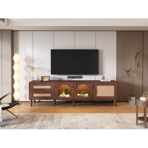 180cm Brown TV Cabinet with Rattan Drawers, Glass Doors & LED Lighting – Modern Entertainment TV Stand