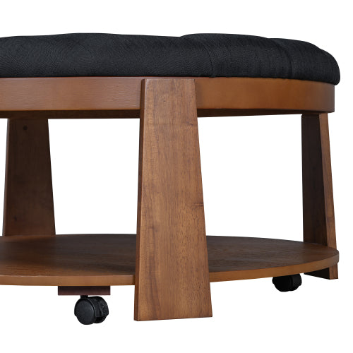 Modern Large Round Ottoman Coffee Table – 2-Tier Oversized Button Tufted Ottoman with Wood Shelf Storage