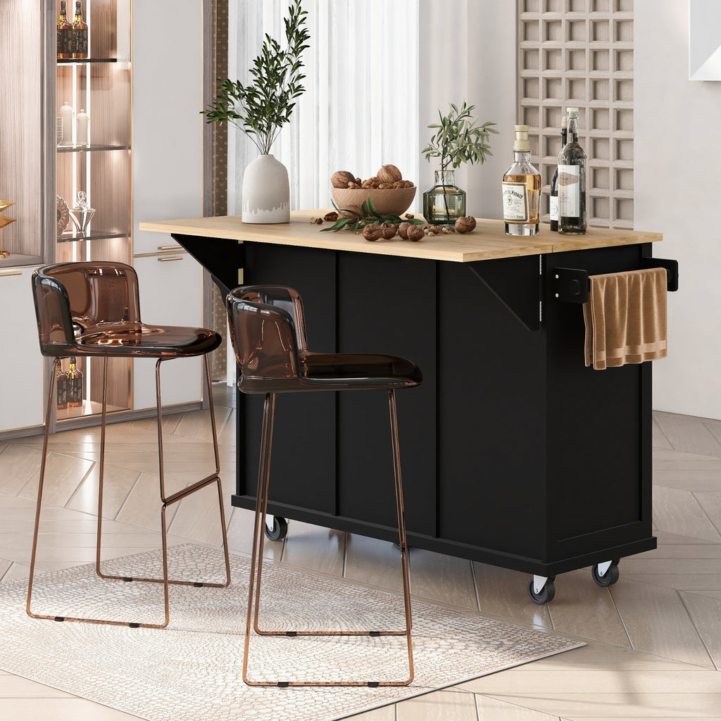 Kitchen Cart with Rubberwood Drop-Leaf Countertop & Storage Cabinet – Rolling Kitchen Island on Wheels, Black