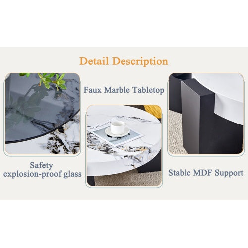 Modern Double-Layer Round Coffee Table – Transparent Gray Glass Top with Black MDF L-Shaped Legs