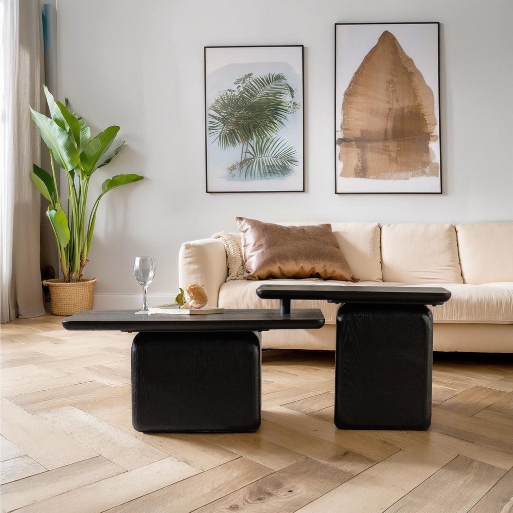 Vintage Square Coffee Table Set (Set of 2) – Black Wood Grain Finish