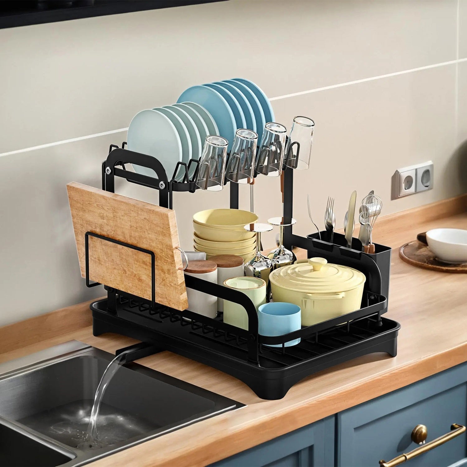 2-Tier Dish Drying Rack with Automatic Drainage – Space-Saving Kitchen Organizer