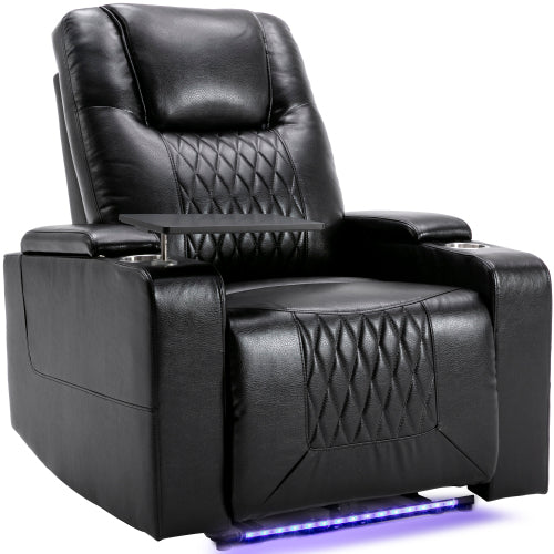 Electric Recliner Chair with USB, LED Ambient Lighting & 360° Swivel Tray – PU Leather Gaming & Home Theater Recliner (Black)