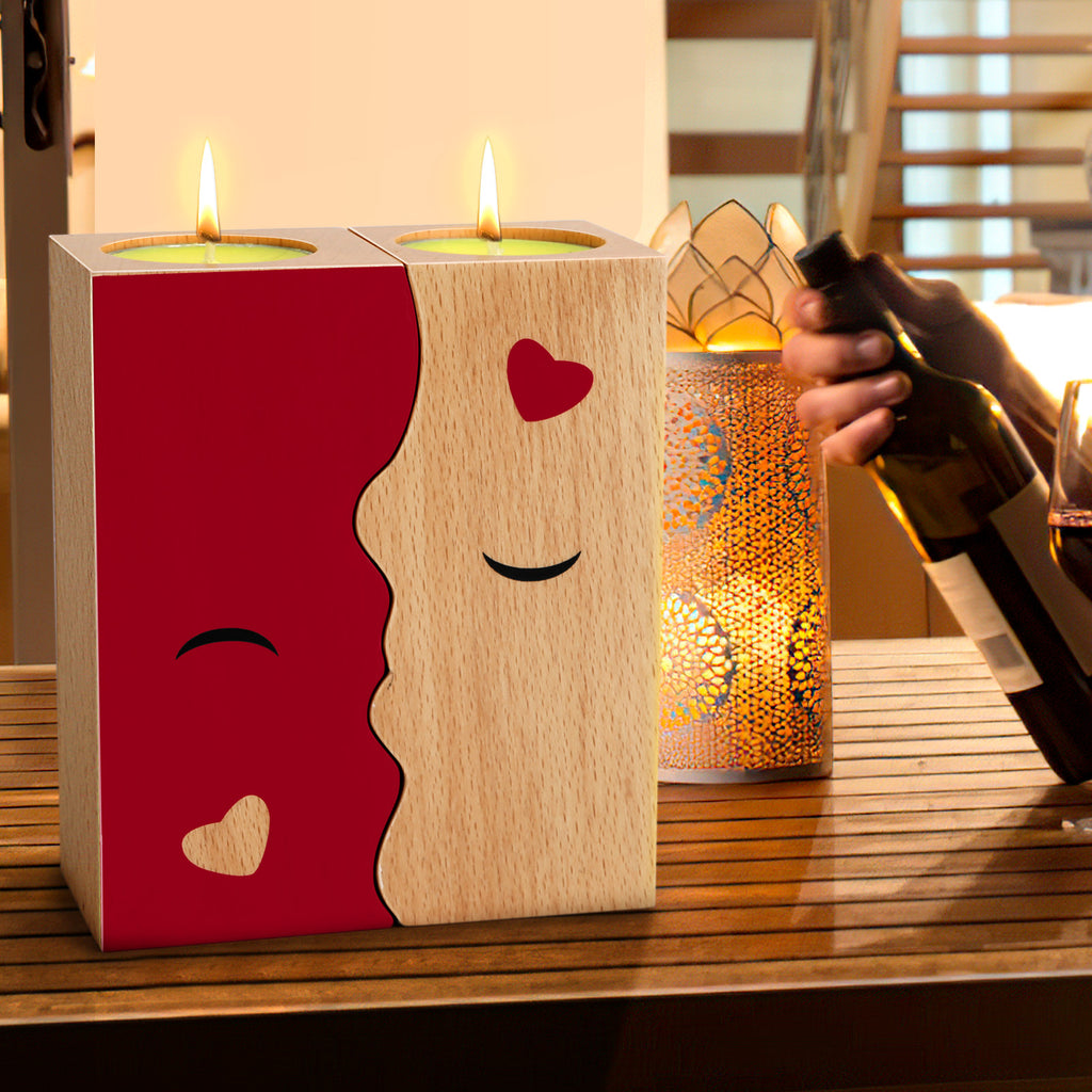 Valentine Special Kissing Candle Holder Set – Romantic Wooden Candle Holders for Couples & Best Friends