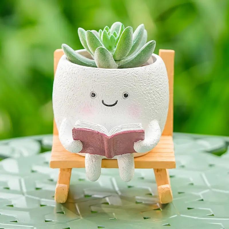 2-Piece Cute Character Reading Rocking Chair Resin Flower Pots – Indoor & Outdoor Decorative Planters