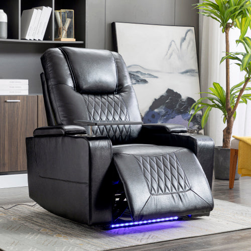 Electric Recliner Chair with USB, LED Ambient Lighting & 360° Swivel Tray – PU Leather Gaming & Home Theater Recliner (Black)