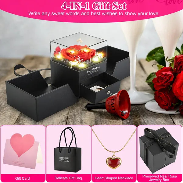 Valentine Special Preserved Red Real Rose with Heart Necklace – Eternal Flower Gift for Women