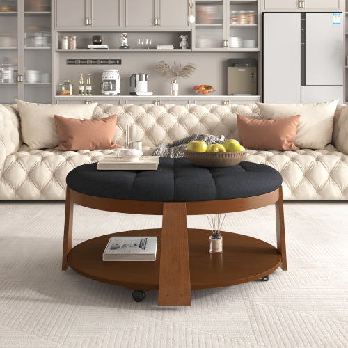 Modern Large Round Ottoman Coffee Table – 2-Tier Oversized Button Tufted Ottoman with Wood Shelf Storage