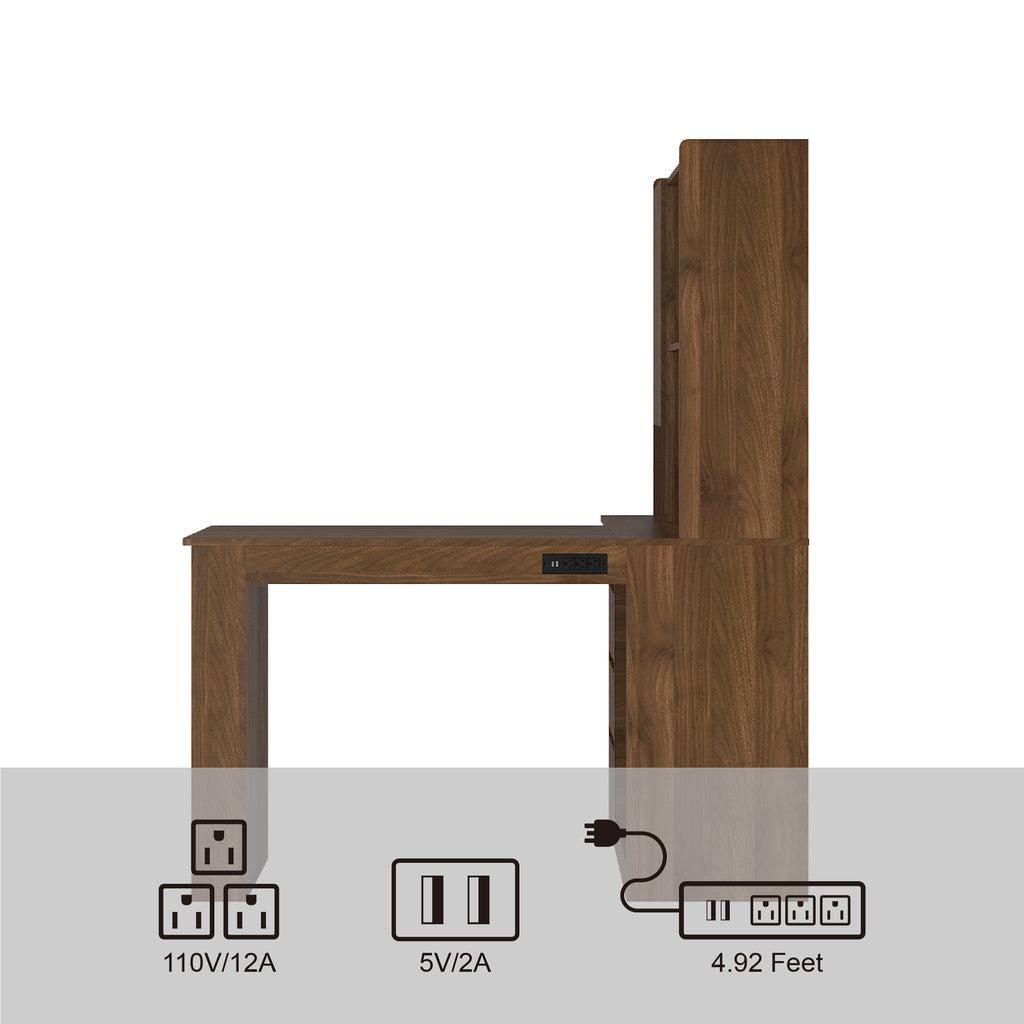 L-Shaped Computer Desk with Drawers, Bookshelf & LED Light – Modern Corner Home Office Desk with Charging Station