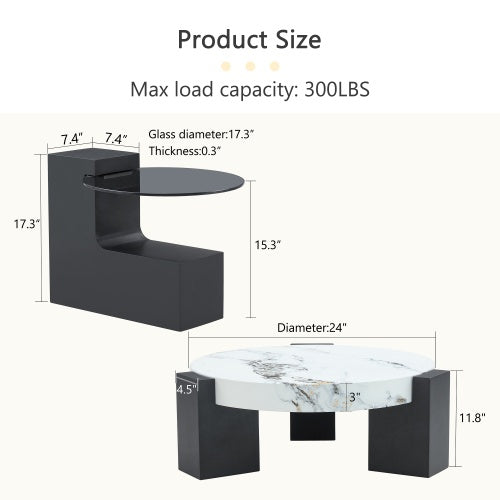 Modern Double-Layer Round Coffee Table – Transparent Gray Glass Top with Black MDF L-Shaped Legs