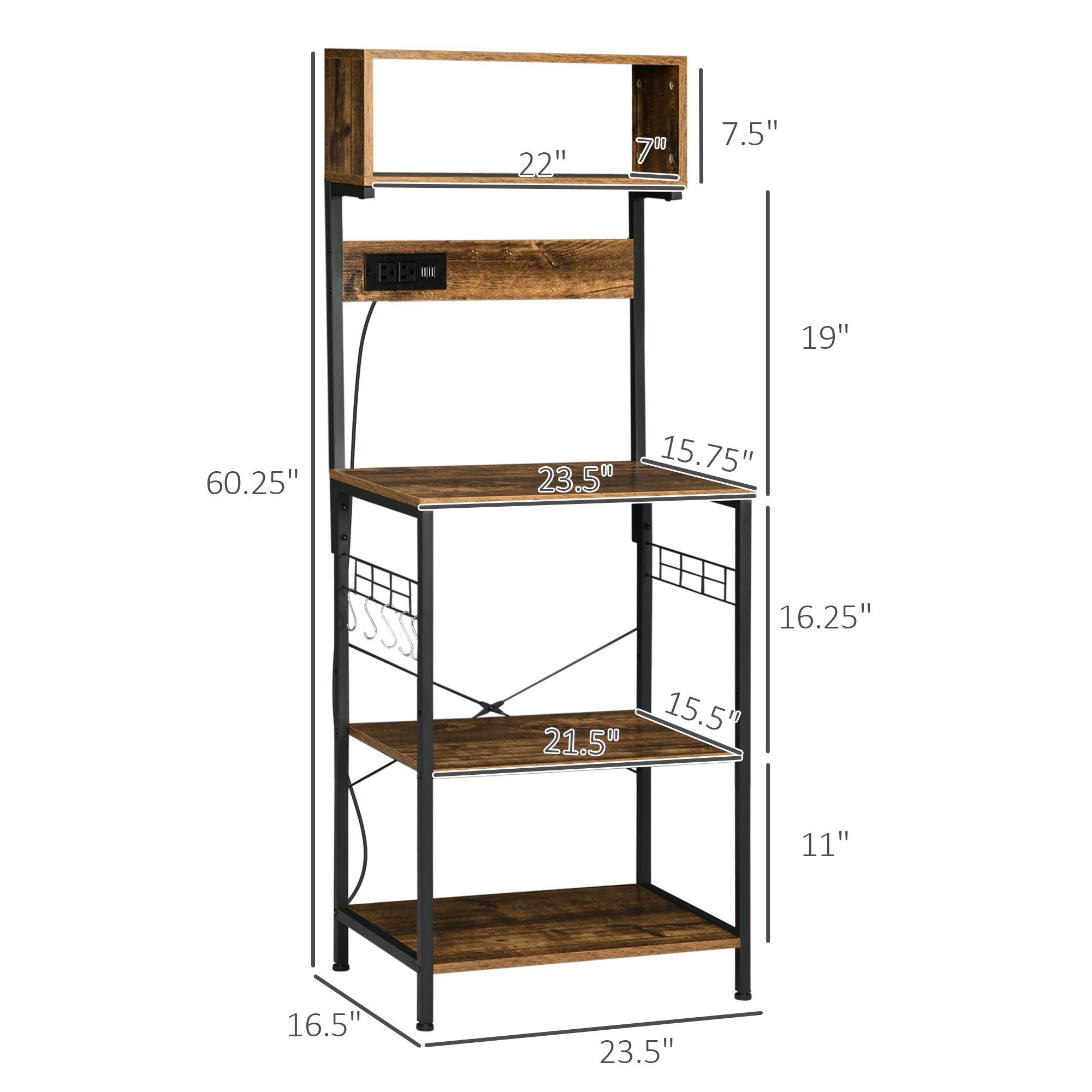 Kitchen Baker’s Rack with Power Outlet, LED Lights & Storage – Rustic Brown Microwave Stand & Coffee Bar Station