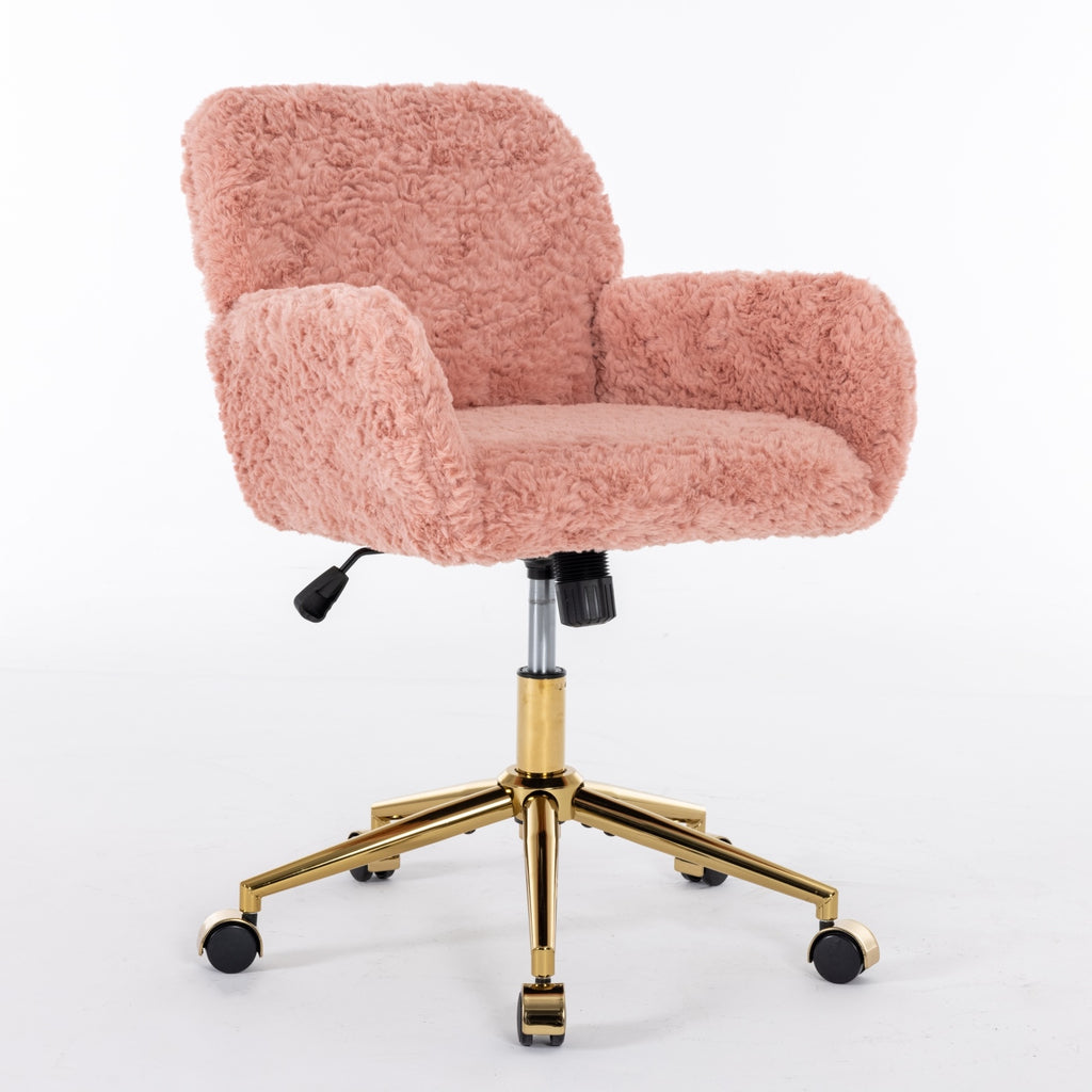 A&A Furniture Pink Office Chair – Faux Rabbit Fur Adjustable Swivel Desk & Vanity Chair with Gold Metal Base