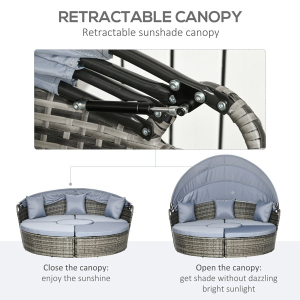 4-Piece Outdoor Rattan Sofa Chair Set with Retractable Canopy – Convertible Patio Daybed Furniture