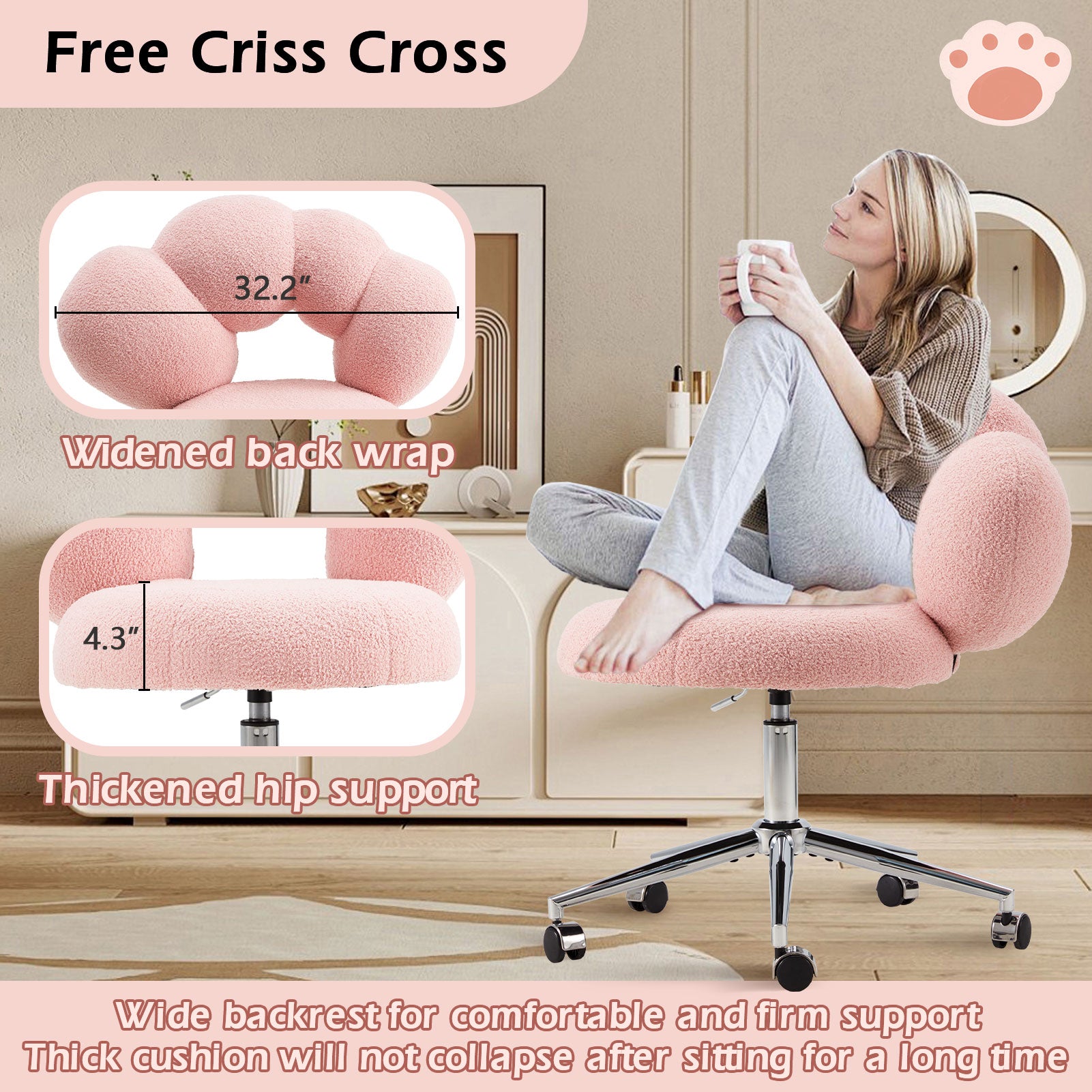Armless Desk Chair Teddy Fabric Vanity Chair with Wheels – Cute & Comfortable Cat Paw Design