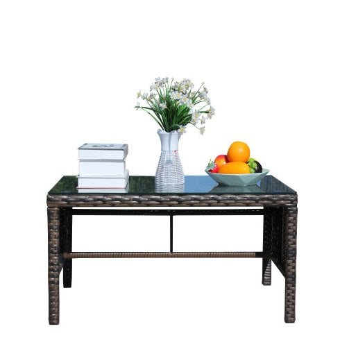 Outdoor Patio Coffee Table with Clear Tempered Glass – Rattan Wicker Table for Garden & Balcony (Brown)