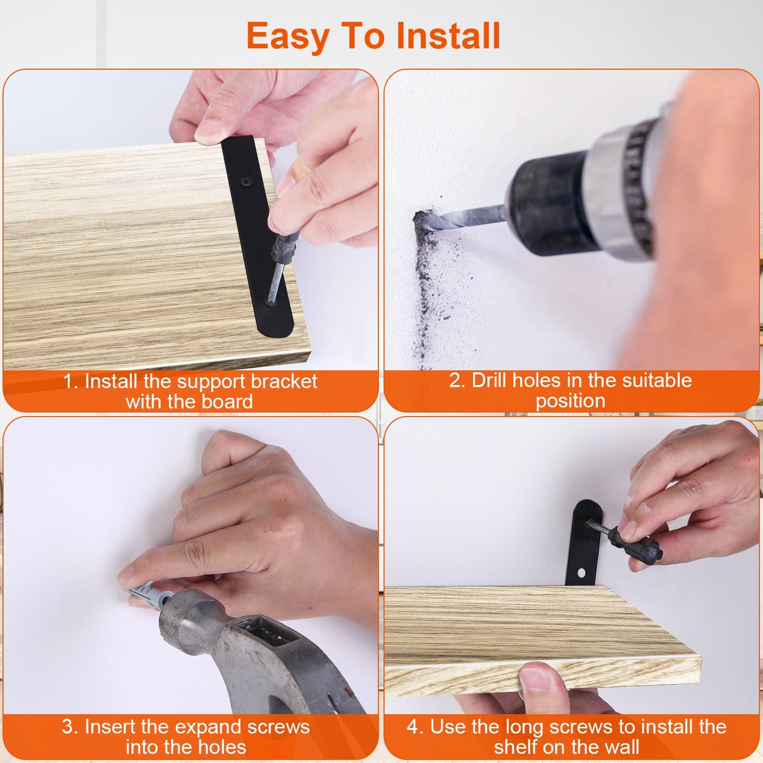 6 Sets Floating Wall Shelves – Wood Storage Display with Metal Brackets