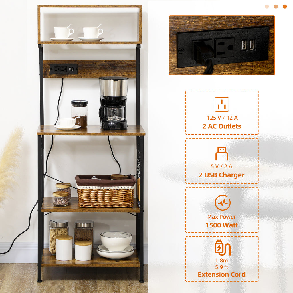 Kitchen Baker’s Rack with Power Outlet, LED Lights & Storage – Rustic Brown Microwave Stand & Coffee Bar Station