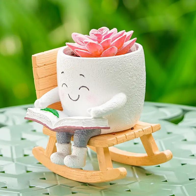 2-Piece Cute Character Reading Rocking Chair Resin Flower Pots – Indoor & Outdoor Decorative Planters