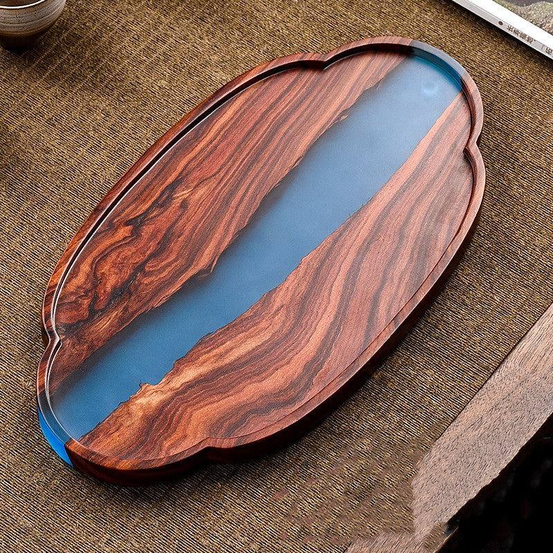 Small Leaf Red Sandalwood Tea Tray – Epoxy Resin Retro Chinese Style Table Tray