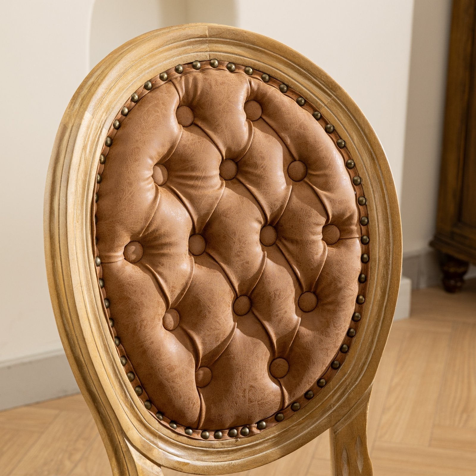 French Style Solid Wood Dining Chairs Set of 2 – Antique Design PU Leather Upholstered Chairs (Orange)