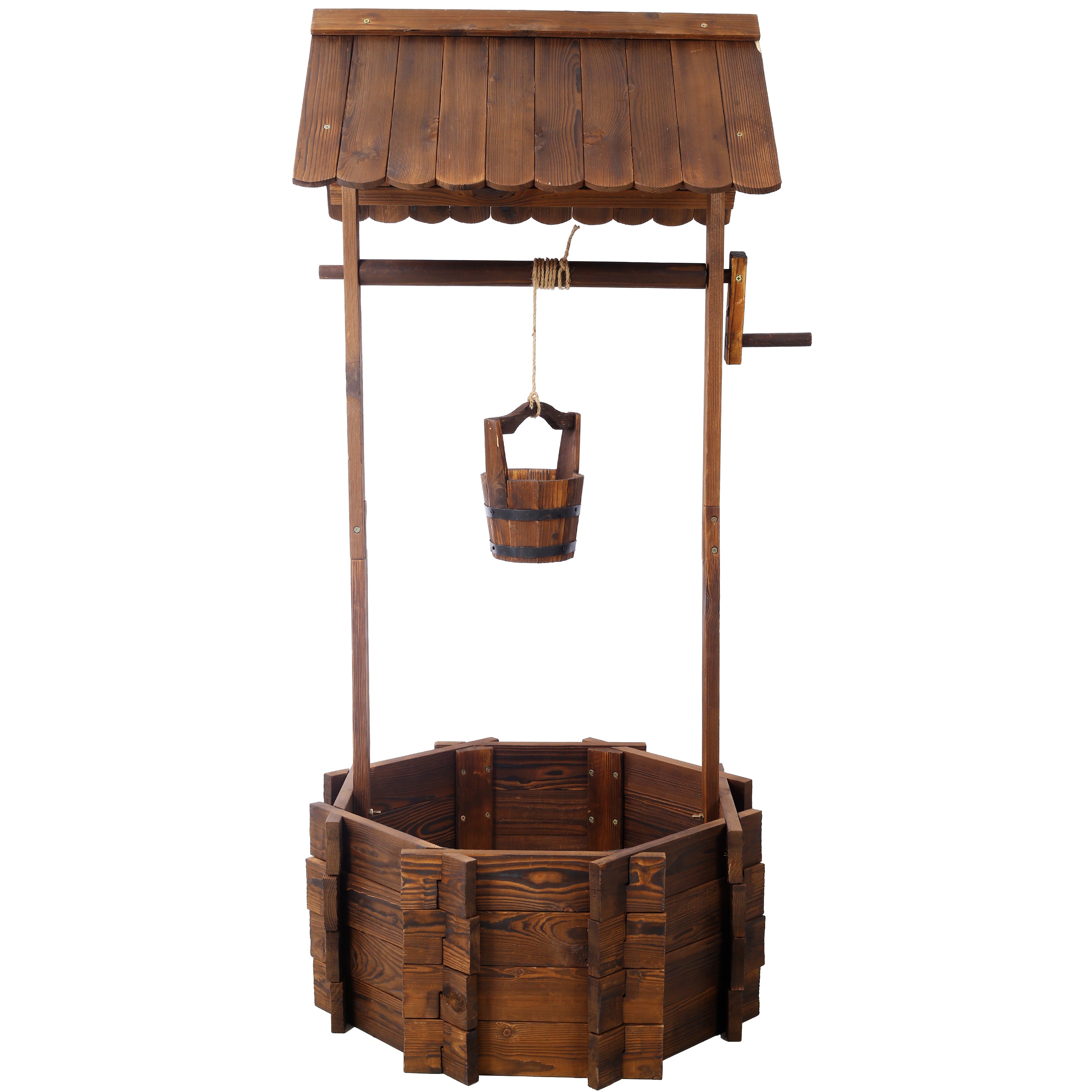Rustic Wooden Wishing Well Planter – Outdoor Garden & Patio Decor with Hanging Bucket