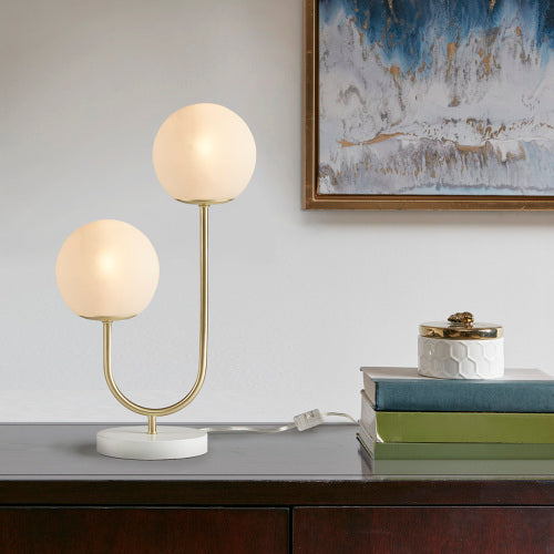 Metal 2-Light Globe Table Lamp – Modern Gold & White Accent Lighting