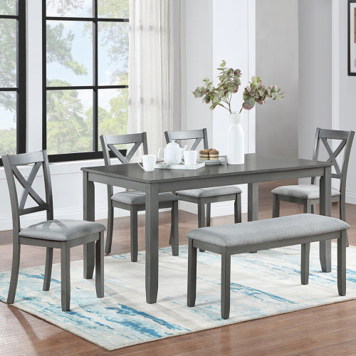 6-Piece Gray Kitchen Dining Set – Rectangular Wooden Table with 4 Upholstered Chairs & Bench