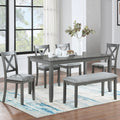 6-Piece Gray Kitchen Dining Set – Rectangular Wooden Table with 4 Upholstered Chairs & Bench