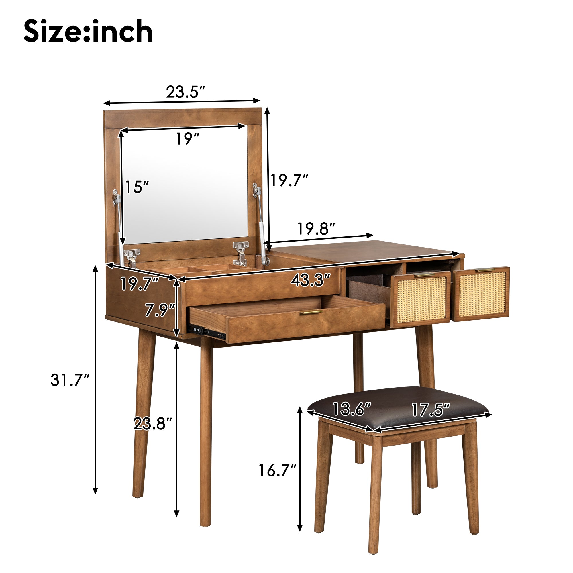 43.3" Classic Wood Makeup Vanity Set with Flip-Top Mirror & Stool – Brown Dressing Table with Drawers