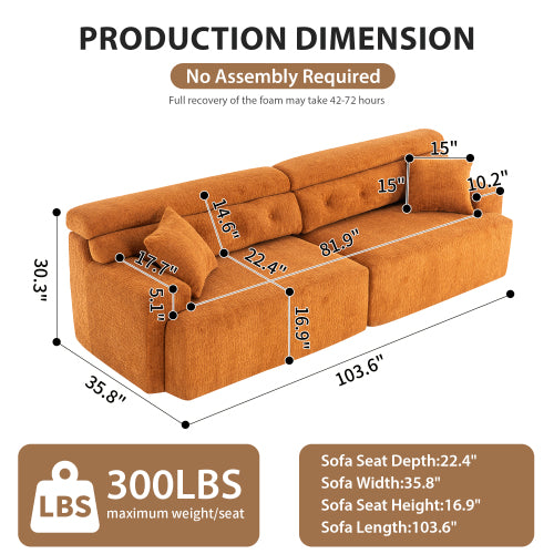 Orange Compression Sofa – 4-Seater Modular Chenille Sofa with Pillows