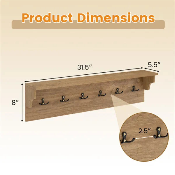 Wall Mount Coat Rack with Shelf – 31.5" Wooden Entryway Organizer with 6 Hooks (110 lbs Capacity)
